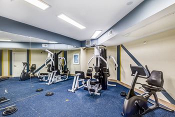 A gym with a variety of equipment including treadmills, weights, and exercise machines.